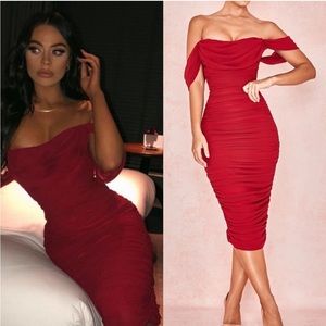 House of CB Carlotta Dress Red Wine Ruched Midi Dress Off Shoulder Small